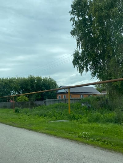 A rural scene in Nadezhdino, Russia, features a wooden house with a dark metal roof, bordered by a wooden fence. A large tree with green foliage stands to the right, with power lines visible in the overcast sky. A rusty metal pipe runs horizontally across the middle of the frame, supported by a yellow pole. The foreground shows a paved road and a grassy area with wildflowers. The overall impression is one of a quiet, lived-in rural landscape.