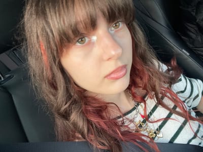 A medium-shot selfie taken in a car shows a young woman with brown hair and reddish-pink highlights, wearing a white and black striped shirt and multiple necklaces. She has fair skin, brown eyes, and pink lips. The car interior is visible, with black leather seats and a seatbelt partially visible. The location cannot be determined from the image.