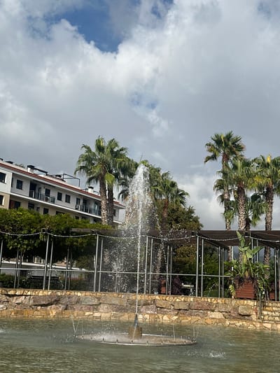This image depicts an outdoor landscaped scene in Pineda de Mar, Spain, under a partly cloudy sky. In the foreground, a large, shallow body of water features an active fountain with a central vertical jet creating significant spray and a submerged circular ring with multiple smaller jets spraying outward. The water body is bordered by a low wall constructed from irregular, light-toned stacked stones. Behind this wall, a line of dense green foliage, including shrubs and several tall palm trees with green fronds, is visible. Further back, on the left, a multi-story, light-colored building with dark-framed windows, balconies, and red-tiled roof detailing is present. Towards the right-center, a series of outdoor pergola-like structures with metal supports and wooden lattice roofs are seen, appearing to be strung with decorative lights. No individuals are present in the scene.