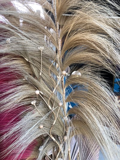 This media file is a close-up, eye-level shot of a decorative arrangement of dried grass and plant materials. The subjects are these natural elements, creating an intricate and textured display. The arrangement appears to be a form of naturalistic art or craft, possibly a garland, headdress, or a decorative element for a cultural event.
The materials are predominantly dried, straw-like grasses in shades of beige, light brown, and a subtle silvery-white at the tips. These are interwoven with thin, flexible twigs and possibly some sort of woven material, creating a layered and dynamic composition. Scattered throughout the arrangement are small, spherical, light-colored beads or seed pods, adding further detail and visual interest. Some delicate, dried flower-like formations are also present, attached to thin stems that weave through the grass. At the bottom of the frame, a vibrant, deep pink or magenta fabric provides a stark contrast to the natural tones of the grass, suggesting that this arrangement is placed upon or near this material.
The lighting appears to be bright and natural, possibly indicating daytime. There are no visible people, and the activity is the static display of the arranged materials. The setting is not clearly defined, but the presence of natural materials and the style of decoration might suggest a rural or culturally specific context. The overall mood is one of natural beauty and intricate craftsmanship. No visible text is present in the image. The location context provided is Keudekruenggeukueh, Indonesia, which aligns with the use of natural, possibly indigenous, plant materials in decorative arrangements.
