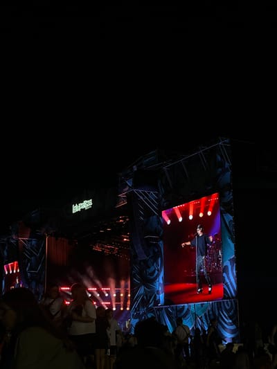 The image depicts an outdoor music festival at night in San Isidro, Argentina, identified by the prominent "Lollapalooza" logo displayed in green text above the main stage. The scene is dominated by a large stage structure constructed from metal trusses, featuring extensive red and white artificial lighting that projects beams through what appears to be atmospheric haze or smoke. A large, vertical LED screen on the right side of the stage displays a male performer on an illuminated stage. The performer, dressed in a dark t-shirt, dark pants, and a dark baseball cap, is holding a microphone and gesturing with his right arm extended. Red stage lights illuminate the performer on the screen, with a drum kit partially visible behind him. The screen is bordered by decorative blue and white patterns. In the foreground and midground, a substantial crowd of individuals is visible, primarily as silhouettes, facing towards the stage and LED screen, indicating their attendance at the event. The upper portion of the image is completely dark, representing the night sky.