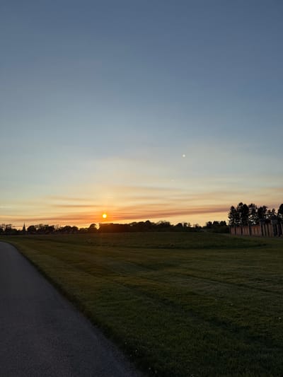 This image depicts a serene outdoor landscape during either sunrise or sunset in South Kesteven, United Kingdom, oriented as if viewed horizontally. The sky occupies a significant portion of the frame, transitioning from a clear, pale blue-grey in the upper and left areas to warm, streaky hues of orange, yellow, and soft pink near the horizon on the right.
The sun, appearing as a bright, circular orb, is positioned low on the horizon, slightly right of the image's center, casting a warm glow. Long, horizontal bands of atmospheric haze or thin clouds stretch across the sky, reflecting the sun's vibrant colors. In the bluer expanse of the sky, above and to the left of the sun, a faint, small white circle, likely the moon or a bright planet, is visible. Two subtle white contrails, indicative of aircraft, also traverse the sky.
The horizon is defined by a dark silhouette of dense trees and distant structures. On the far right, partially obscured by the treeline, are dark, blocky forms, possibly buildings. To the far left along the horizon, a distinct spired structure, resembling a church steeple, rises above the trees.
Below the horizon, a vast expanse of rich green grass covers the middle and lower right sections of the image, suggesting a well-maintained field, park, or estate. A dark, paved path or road curves into the bottom-right corner, running alongside the grassy area.
The scene evokes a sense of tranquility and natural beauty, characteristic of a peaceful twilight moment. No people or specific events are depicted, highlighting the stillness of the landscape.