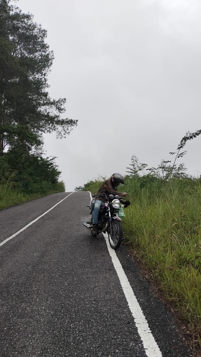 The image depicts a person on a motorcycle on an asphalt road with a white line marking. The motorcycle is dark colored, and the person is wearing a helmet and a brown jacket. The road curves upwards into the distance. To the right of the road is tall, green grass and some vegetation, with a few spindly trees reaching upwards. To the left of the road is a dense green hillside with more trees. The sky is overcast and gray, suggesting cloudy weather. The scene appears to be in a rural or elevated area, consistent with the terrain often found in regions like Bintangpermata, Indonesia, where winding roads and lush greenery are common.