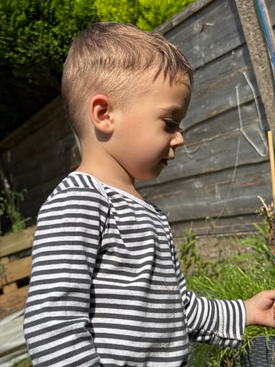 A young child with light brown hair and fair skin is pictured in profile, looking down and to the right. The child is wearing a long-sleeved grey and black striped t-shirt. They are standing outdoors in what appears to be a garden, with a wooden fence in the background. Green foliage is visible to the left and right of the child. The lighting suggests it is a sunny day. The child's right hand is extended forward, with fingers slightly curled, possibly interacting with something out of frame. The scene is devoid of any specific landmarks that would allow for precise location identification within Oldham, United Kingdom.