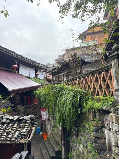 The image depicts a multi-tiered, narrow streetscape in Gongtan, China, under an overcast sky, with surfaces appearing wet. The scene is observed from an elevated perspective looking downwards into a valley or stepped area.

**Environment:** The setting is characterized by densely packed traditional wooden buildings with dark, curved tiled roofs, many featuring balconies and intricate wooden lattice work. Prominent features include a deep red retractable awning over a ground-level building on the left, and a balcony above it displaying white fabric panels and two red spherical lanterns. Below this, a wet, dark paved path descends via stone steps. A blue plastic stool and a flat orange plastic object are positioned on this path. A rugged stone retaining wall on the right is covered with cascading green ferns and other vegetation. Above this wall, a decorative terracotta-colored fence with a diamond pattern is visible, topped by a stone railing and a spherical finial. A weathered stone carving, possibly a face, is integrated into the lower section of the stone wall on the far right. A red and white banner with Chinese characters hangs from a railing on the left side of the path. Bare tree branches are visible amongst the buildings, and green foliage frames the upper edges of the image. The background reveals hazy, indistinct mountains beneath the uniformly gray, overcast sky.

**People/Subjects/Actions:** No individuals or active subjects are present in the scene. No specific actions or interactions are depicted.