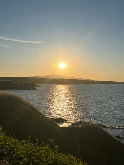 The image depicts a tranquil coastal scene at sunset in Sinemorets, Bulgaria. The sun, a brilliant orb, hangs low in the sky, casting a golden glow across the water and the surrounding landscape. The sea is calm, with gentle waves lapping at the shore. In the foreground, grassy cliffs rise from the water's edge, their textures softened by the evening light. Distant hills, silhouetted against the horizon, add depth to the scene. The sky is a clear, pale blue, with a few wispy clouds streaking across it. The overall impression is one of peace and natural beauty.