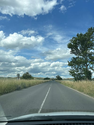 An eye-level, point-of-view shot depicts a straight asphalt road receding into the distance under a bright, partly cloudy sky. The road features a white dashed line marking the center. To the right of the road, a large, leafy green tree stands tall. The roadside is bordered by tall, dry, golden grass. In the far distance, the road curves gently, and a few cars are visible. To the left of the road, a double-sided circular road sign is present, partially obscured by tall grass. The landscape appears rural and undeveloped, with rolling hills in the background under a vast blue sky dotted with fluffy white clouds. The scene is likely captured while driving on a road in or near Laka, Bulgaria, given the surrounding vegetation and terrain.