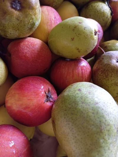 The image is a close-up, vertical, overhead shot of a pile of ripe, dew-kissed apples and pears. The fruits are a mix of green and red, with some showing a blush of pink and yellow. The lighting is natural, highlighting the subtle textures and water droplets on the produce. No specific location in the city of Hlynytsi, Ukraine, is depicted in this image. The scene is solely focused on the fruit, with no people, actions, or interactions visible. The environment appears to be a simple, domestic setting where fruit is stored or displayed.