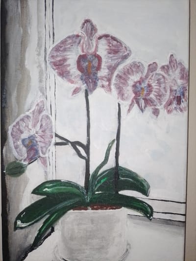 This is a painting of a potted orchid on a windowsill. The orchid has multiple pink and white flowers with purple and yellow centers. It also has several large, dark green leaves. The pot is white and appears to be ceramic. The background is mostly white and gray, suggesting a bright, possibly overcast day. To the left of the pot, there is a depiction of a window with vertical blinds or panes, rendered in shades of gray and white. The painting has a textured appearance, with visible brushstrokes and some cracking in the paint, giving it an aged or distressed look. The setting appears to be indoors, near a window. The overall mood is calm and serene. There is no visible text in the painting.