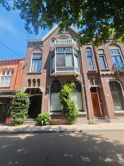 This is a low-angle, full shot image of the facade of a brick building with several windows and an entrance. The building is located in the city of Tilburg, Netherlands. The building is brown brick, with decorative white trim around the windows and roofline. The facade has a bay window on the second story and a balcony on the third story. There are several green plants growing on the exterior of the building, including ivy that climbs up the front of the building and a large potted plant in front of the entrance. The sidewalk in front of the building is paved with brick, and the street is also paved with brick. There are trees overhead, casting shadows on the sidewalk and street. The sky is blue and clear. No people are visible in the image.