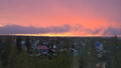 The photograph captures a panoramic view of Lensk, Russia at dawn or dusk, with a vibrant sky displaying orange and pink hues. A layer of fog or low clouds partially obscures the horizon, behind a dense forest line. Below the forest, a residential area is visible, with houses of varying colors and sizes interspersed with green foliage. A communications tower stands faintly in the distance. In the foreground, trees are visible, slightly obscuring the view of the houses. A few street lights are also present, adding to the evidence of a settled residential area.