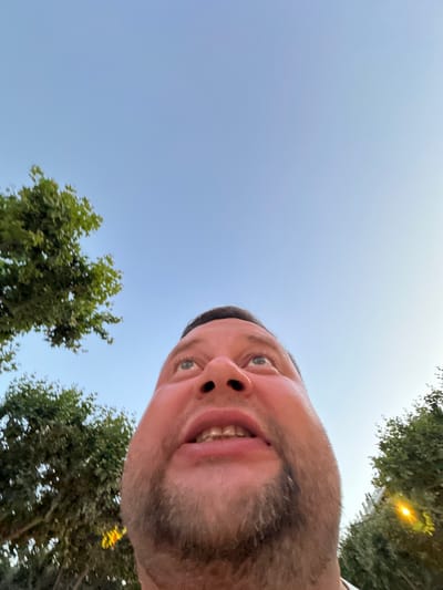 A low-angle, close-up, outdoor, waist-up shot shows a fair-skinned adult male with a light brown beard and short brown hair, looking upwards. The man is wearing a white collared shirt. He has some facial hair and appears to have braces on his teeth. The background consists of a clear, light blue sky and several green trees with visible foliage. A yellow lens flare is present in the upper right quadrant of the image, within the foliage of a tree. The image appears to be taken at ground level, looking up at the man. The location is identified as Sant Feliu De Guíxols, Spain.