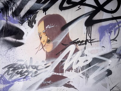 This is a detailed, forensic, matter-of-fact description of graffiti art on a wall in the city of Solontsy, Russia. The artwork features a stylized portrait of a woman's face, rendered in a mix of spray paint and brush strokes. The woman's skin tone is a warm, peachy hue, and her hair is a dark brown, falling around her face. Her eyes are closed, and her expression is pensive. The graffiti incorporates bold black lines and splashes of purple and white, creating a dynamic and abstract background. Several signatures or tags are visible within the artwork, including "Bake" written in white script on the woman's forehead, and a larger, more elaborate tag in grey script that appears to read "Bess/Be My Muse" on the lower left. The overall composition is chaotic yet visually striking, indicative of street art. The wall itself appears to be a rough, textured surface, possibly concrete or brick, and shows signs of wear and tear, common in urban environments. The lighting suggests an outdoor setting, likely during daylight hours. The style of the graffiti suggests it was created using spray paint cans, with some areas exhibiting drips and splatters, characteristic of this medium. The art occupies a significant portion of the wall, indicating a large-scale mural. The location in Solontsy, Russia, is noted as the context for this urban art piece.