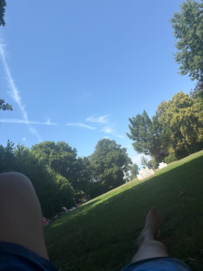 The image depicts a sunny day with a clear blue sky and some wispy clouds. The foreground shows a person's leg and foot, indicating a first-person perspective. The scene is set in a park-like environment with lush green grass and numerous trees. In the background, several people are seen relaxing on the grass, some lying down, and others sitting. There are also some white structures that resemble playground equipment, suggesting this location could be a park or recreational area within the city of Emmendingen, Germany. The overall atmosphere appears relaxed and leisurely.