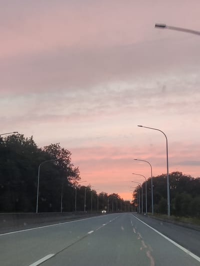 This is a photograph taken from a moving vehicle on a highway at dusk. The sky is a soft gradient of pink and pale orange, with scattered clouds. The highway is paved and has white lane markings. On either side of the highway are trees, and a row of streetlights is visible along the right side. In the distance, one car can be seen on the highway. The image captures the serene atmosphere of a road trip during twilight. The specific location in the city of Hogne, Belgium is not discernible from the image itself.