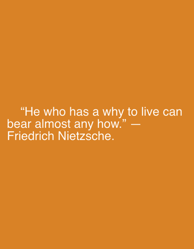 This is a photograph of a quote attributed to Friedrich Nietzsche, displayed on a solid orange background. The quote reads, "He who has a why to live can bear almost any how.” The text is white and appears in a sans-serif font. There are no people, objects, actions, interactions, or environmental details to describe beyond the quote and its background. The location in Grodzisk Wielkopolski, Poland is not discernible from the image.