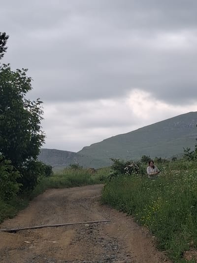 A person is sitting in a grassy field with a mountain in the background. The person is wearing a white patterned shirt and is looking down at something in their hands. The field is green and lush, with some small yellow flowers scattered throughout. The mountain is steep and rocky, with a cloudy sky above. The weather appears to be overcast and possibly a bit humid, suggesting it might be late spring or early summer. The scene evokes a sense of peace and tranquility, with the person appearing relaxed and contemplative. The image is oriented vertically, giving a sense of height to the mountain and the sky. No text is visible in the image.