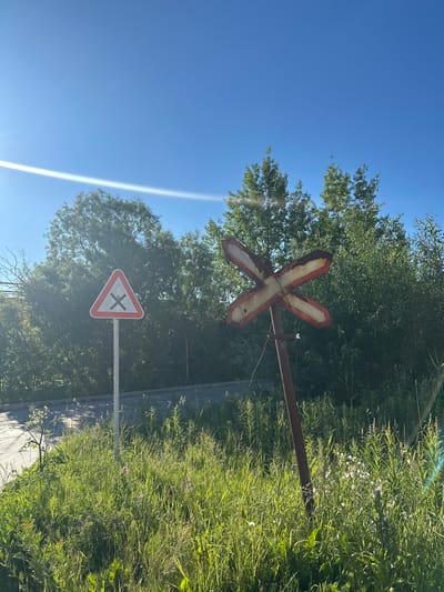 The image depicts a clear, sunny day with a bright blue sky. The scene is set outdoors, with lush green trees and tall grass dominating the background. In the foreground, there are two railway crossing signs. One is a traditional "X" shaped sign with red and white panels, mounted on a rusty metal pole. Below it, a triangular warning sign with a red border and a white background displays a black "X", indicating an upcoming intersection or crossing. The presence of these signs suggests the location is near a railway line, likely in a rural or semi-rural area given the abundant vegetation. The time of day appears to be daytime, as indicated by the bright sunlight and clear sky. The overall mood is serene and natural, with no people visible in the frame. The sun's glare creates a noticeable lens flare, adding a bright, atmospheric quality to the image. There is no visible text on the signs other than the "X" symbols. The context places this scene in Severodvinsk, Russia.