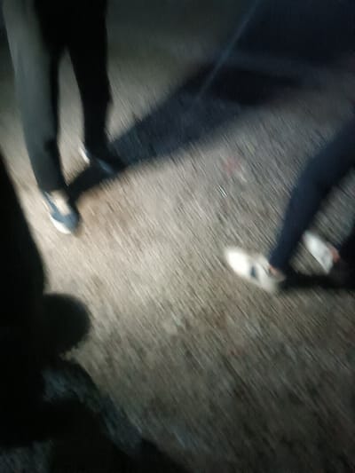 The image presents a blurry, low-light, ground-level view of what appears to be several people's legs and feet, likely captured at night or in a dimly lit indoor environment. The perspective is looking downwards onto a textured surface, possibly concrete or asphalt.
On the left side of the frame, a person is visible wearing dark-colored pants and dark blue or grey shoes with distinct white soles. Their left leg is positioned forward, and a long, dark shadow stretches out from their body towards the center-right of the image, indicating a strong light source from behind or above.
In the center and extending to the right, another person's lower legs and feet are visible. This individual is also wearing dark pants and white shoes, which appear to have some dark accents or stripes on their sides. A shadow from this person also extends across the ground. The blurriness around their feet suggests they might be in motion.
In the bottom-left corner, a dark, indistinct shape is visible, which could be part of a third person or an object, casting a large, dark shadow that covers a significant portion of the lower left.
The ground surface is rough and textured, appearing as shades of grey and brown, with some lighter streaks suggesting reflections or variations in the material. A small, light-colored, elongated object, possibly a piece of metal like a staple or a thin wire, is visible on the ground near the center of the image.
The overall atmosphere is dark and somewhat mysterious due to the poor lighting and significant motion blur, which makes sharp details elusive. The strong, defined shadows suggest a concentrated light source is illuminating the scene, creating dramatic contrasts against the dark surroundings. No text is visible in the image.