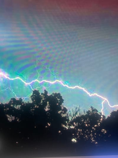 The image displays a horizontal lightning bolt illuminating a stormy sky above a treeline in the city of Zelenyi Hai, Ukraine, during nighttime or late evening. A vivid, sinuous lightning strike, emanating bright white, green, and pink light, extends across the mid-ground. The sky exhibits prominent green, blue, pink, and purple color banding, overlaid with a distinct grid-like pixel pattern, strongly indicating the image is a photograph taken of a digital display rather than a direct capture of the natural scene. The lower portion of the frame is dominated by the dark, silhouetted forms of dense trees, with minimal detail discernible in the foliage except for faint highlights from the lightning. No individuals, animals, or specific man-made structures are present or engaged in any actions or interactions within the frame. The environment is characterized by an active thunderstorm.