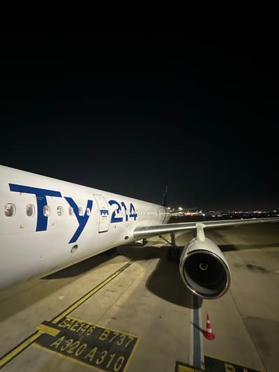 The image captures a nighttime scene at an airport, presenting a low-angle view of an airplane's left fuselage, wing, and engine. The sky is dark and clear, contrasted by the illuminated aircraft and distant lights, possibly from other airport facilities or a city skyline.

The primary subject is a white airplane, likely an airliner. Prominent blue text in Hebrew script is visible on the fuselage, reading "אל על" (El Al), which identifies the aircraft as belonging to the Israeli national airline. Below this, the number "214" is also clearly displayed. The turbofan engine is visible on the right side of the frame, attached to the wing.

The airplane is parked on a concrete tarmac, which features yellow painted markings. Among these markings, text indicating aircraft types is discernible: "L BAE146 B737 A320 A310," likely denoting designated parking or operational information for this specific stand. A red and white striped safety cone is positioned on the tarmac near the engine.

The scene depicts an aircraft at rest on the ground, likely awaiting departure or having recently arrived. The overall impression is one of an active airport environment during nocturnal operations in Sdot Dan Regional Council, Israel.