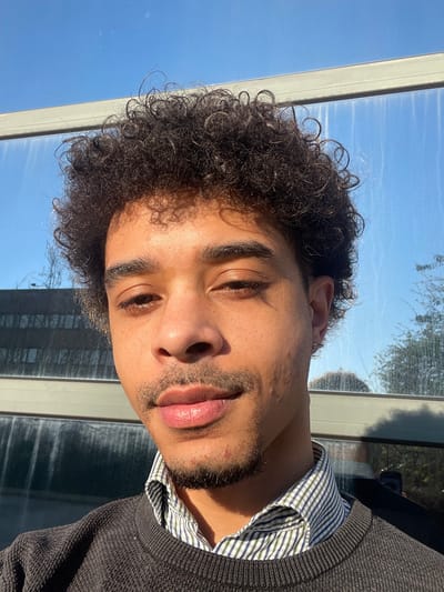 A young adult male is depicted in a close-up portrait, centered in the frame. He has medium skin tone, dark brown eyes, and dark, curly hair with a volumetric style. A light mustache and goatee are present on his face. He is wearing a dark grey or black knitted sweater over a light-colored, striped collared shirt, visible at the neckline. His gaze is directed towards the viewer, and his lips are slightly parted in a subtle smile.
The background consists of a reflective glass surface under a clear blue sky, indicating an outdoor or brightly lit indoor setting adjacent to a window. Strong sunlight illuminates the subject, casting subtle shadows from his hair onto his forehead. A horizontal structural element or window frame runs across the upper third of the background. Reflections in the glass show a dark multi-story building with visible windows on the left side, and green foliage from trees or bushes on the right. A partial reflection of what appears to be another person or the photographer's hand holding a device is discernible in the lower right quadrant of the glass, below the subject's right shoulder. The scene is situated in Montigny-le-Bretonneux, France.