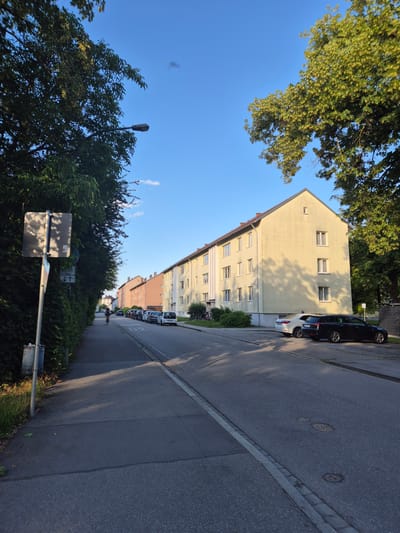 The image depicts a residential street in Landshut, Germany, bathed in the warm light of late afternoon. On the left, a sidewalk runs alongside a dense green hedge, punctuated by a traffic signpost with a circular sign displaying a bicycle symbol and the word "frei," indicating a free zone for cyclists, and a directional arrow. Two metal trash receptacles are attached to the signpost. Beyond the hedge, mature trees cast dappled shadows on the sidewalk. A lone cyclist is visible on the sidewalk, riding away from the camera.
The street itself is paved with asphalt, marked with white lines. Several cars are parked along the right side of the street. The buildings lining the street are multi-story apartment blocks, painted in various pastel colors including pale yellow, pink, and orange. These buildings have visible windows and balconies. In the background, more trees are visible, suggesting a neighborhood with significant greenery. The sky is a clear blue, with a few wispy clouds. The overall impression is a tranquil, suburban scene on a pleasant day.