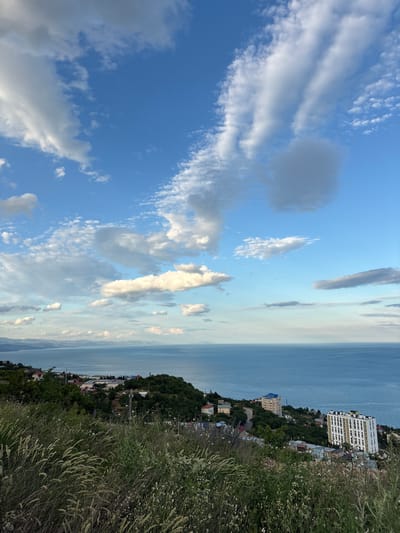 The image shows a coastal landscape with the Black Sea in the background and a hillside covered in vegetation and buildings in the foreground. The sky is blue with scattered white clouds. The sea is calm and extends to the horizon, where it meets a hazy coastline with mountains.

On the hillside, there is a scattering of buildings, including a tall, white apartment building with many windows and a yellow-roofed structure. The buildings appear to be residences or hotels. The hillside is covered with dense green trees and bushes, and in the foreground, there is a patch of tall grass and wildflowers. A road winds through the settlement. The scene suggests a developed coastal resort area.

The image was taken from a higher vantage point, looking down towards the sea. The lighting suggests it is either early morning or late afternoon, with the sun casting a soft light on the scene. There are no people or animals visible in the image. The overall impression is one of a peaceful, scenic view of a coastal town.