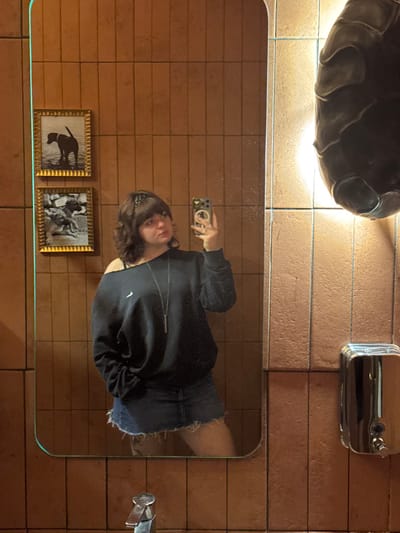 A person takes a mirror selfie in a bathroom. The mirror reflects the individual in a black sweatshirt and denim shorts. Above the mirror are a metal soap dispenser and a rounded, dark object resembling a sconce. Below the mirror are two framed pictures with gold frames. The bathroom walls are tiled in a reddish-brown color. The scene is illuminated by overhead lighting, casting reflections on the mirror's surface.