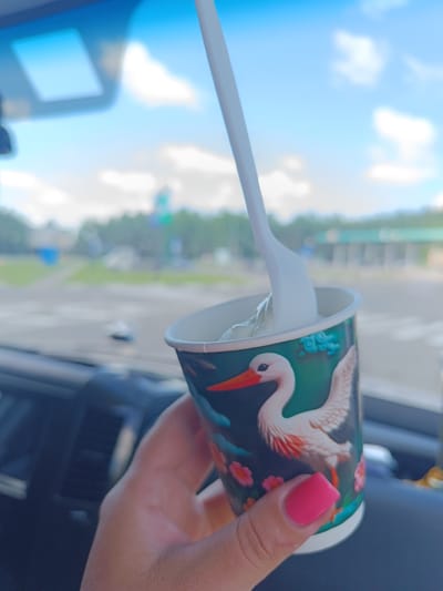 A hand with bright pink fingernails holds a paper cup featuring a stork illustration. A white plastic spoon is inserted into the cup, which appears to contain a frozen dessert. The cup is positioned inside a vehicle, with the car's interior visible in the foreground. Through the windshield, a blurred outdoor scene can be seen, with trees, buildings, and a bright sky with clouds. The location is Бягомльскі сельскі Савет, Belarus.