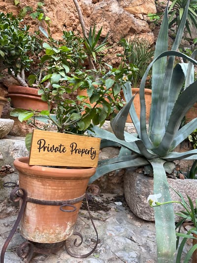 An outdoor scene in Fornalutx, Spain, displays a collection of potted plants set against a natural stone wall. In the foreground, a weathered terracotta pot, supported by a rusted dark metal stand with scrolled legs, holds a light-brown wooden sign inscribed with "Private Property" in black cursive script. Behind this pot, a small lemon tree with green leaves, white blossoms, and small green lemons is visible, likely also in a terracotta pot. To the right, a large, blue-green agave plant with prominent, spiky leaves extends from a stone planter or the ground, with a single white flower or bud emerging from its lower right. The ground beneath the plants consists of uneven, light-colored stones and scattered organic debris. In the midground and background, various other potted plants, including jade-like plants and other succulents, are arranged in terracotta containers against a backdrop of a rough, multi-toned brown and orange rock wall.