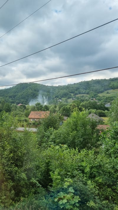 The image depicts a rural landscape in Stavne, Ukraine, under an overcast sky with visible power lines in the foreground. Lush green trees dominate the scene, with a dense forest covering the rolling hills in the background. A cluster of houses is scattered throughout the landscape, with one house in the mid-ground featuring a terracotta tiled roof. White smoke is rising from a distant area within the forest, suggesting a possible fire or controlled burn. The overall impression is of a peaceful, natural setting with signs of human habitation.