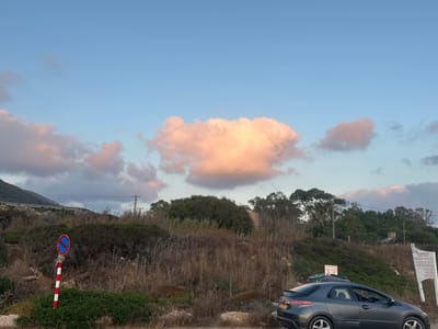The image depicts a landscape scene in the Mate Asher Regional Council, Israel, characterized by dry, grassy vegetation on a gentle slope under a blue sky with pink-tinged clouds. In the foreground, a gray Honda Civic is parked facing right. To the left of the car, a red and white striped pole with a blue and red circular traffic sign, indicating no stopping, is planted in the ground. Further back, the terrain rises with dense green bushes and trees. A white sign with text in Hebrew is visible on the right side of the image, set against the slope. In the background, power lines and poles traverse the landscape. The overall impression is one of a rural or semi-rural setting during the late afternoon or early evening, given the lighting and the colors of the clouds. There are no people visible in the image.