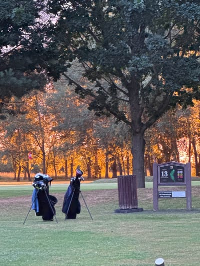A golf course is visible, featuring two black golf bags standing on green grass. Behind them, trees with golden light filtering through their leaves create a vibrant backdrop. A sign indicating hole 13 is also visible, along with a wooden bench nearby. Part of a large, leafy tree is on the left side of the image. A golf tee is placed on the right side, ready for a tee shot.