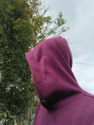 A person wearing a hooded, maroon sweatshirt stands outdoors. The hood is pulled up, obscuring most of the face. A green tree with red and yellow leaves stands beside the person. The sky is overcast and light gray, and a power line is faintly visible in the background. The focus is on the texture and color of the sweatshirt and the contrast with the natural elements.