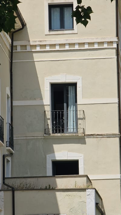 The image shows a facade of a building in Alhama de Aragón, Spain. The building has a light yellow stucco exterior with decorative white trim and molding. There are at least two windows visible. The upper window is a dark frame with light blue curtains visible behind it. Below this is a balcony with an ornate black iron railing. The balcony door is open, revealing a dark interior and light blue curtains. Further down, another window is visible, which appears to be a dark opening. The building is partially shaded by sunlight casting shadows. Some green foliage is visible in the upper left corner, obscuring part of the roofline and gutter. Below the balcony, there is a ledge with some dry vegetation and small green plants growing. The overall scene depicts an architectural detail of a building.