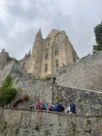 This is a low-angle, outdoor, daylight photograph of Mont Saint-Michel, a commune in Normandy, France, featuring a view of the medieval abbey and its ramparts. The sky is overcast with grey clouds. In the foreground, a group of tourists are visible on a stone rampart, some are sitting, some are standing, and they are looking in various directions. They are dressed in casual clothing and several have backpacks. One woman in the center is wearing a red jacket and a blue backpack. A man to her left is wearing a black jacket and a blue backpack. To the right, a man in a blue jacket and black shorts stands talking to a woman in a white jacket and a pink shirt.

The rampart is constructed from rough-hewn grey stone blocks, with some moss and greenery growing on it. Behind the rampart, the imposing stone structure of the Mont Saint-Michel abbey rises dramatically. The abbey is built from similar grey stone, with tall, arched windows and conical spires. Two flags are visible on the left side of the abbey, one with red and white stripes and a blue corner, and another with blue and white stripes. Further up the rampart, more people are visible, some standing and looking out, others interacting. A thick, green vine climbs up the stone wall on the left side of the image, and a cluster of pink flowers is also visible on the wall. The overall impression is one of historical grandeur and a popular tourist destination.