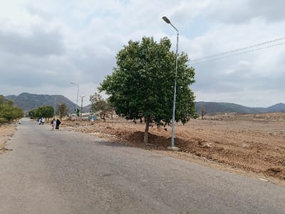 The image depicts an outdoor scene in Rafin Pa, Nigeria, under an overcast sky. A gray asphalt road extends from the foreground into the distance, with visible surface wear. On the left side of the road, a group of approximately five to seven individuals is walking away from the camera. One person in this group wears dark attire with a head covering; others wear lighter clothing. On the right side of the road, a tall, metallic street lamp with a solar panel fixture stands next to a large tree featuring dense green foliage. The ground immediately to the right of the road consists of dry, reddish-brown earth with scattered small rocks and sparse, dry vegetation, extending into an open, undeveloped field. In the mid-distance on the left, additional street lamps and smaller trees line the road. The background features a range of arid, rocky hills or mountains extending across the horizon. Horizontal lines, consistent with utility wires, are visible in the upper right quadrant of the frame. Distant, indistinct structures are partially visible near the base of the hills on the right.