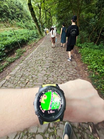 In Xihu District, China, a person's wrist wearing a smartwatch is prominently displayed in the foreground, showing a distance of 1.15 km and a map interface. The smartwatch has a yellow band. The person is wearing a dark shoe. The background depicts a stone-paved path winding through a lush green forest with trees lining both sides. Several people are walking along the path ahead. One person in the foreground wears a black t-shirt with text and black shorts, while another person in the middle ground wears a blue dress. Further ahead, individuals in lighter clothing are also visible. The environment suggests a natural, park-like setting, likely a hiking trail or scenic route within the district.