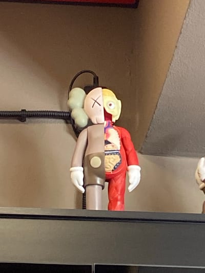 This image shows a detailed toy or collectible figurine of a character that is split down the middle, revealing internal anatomical structures on one side and a solid exterior on the other. The left side of the figure is a pale grey, depicting its outer shell, head with an "X" over one eye, a smooth body, and white gloves. The right side of the figure is a vibrant red, exposing detailed internal organs such as intestines, ribs, and what appears to be muscle tissue, with a yellow head that has a visible eye and part of its brain. The figurine is standing on a dark shelf against a neutral, textured background. No specific location in Severodvinsk, Russia, can be determined from the image itself.