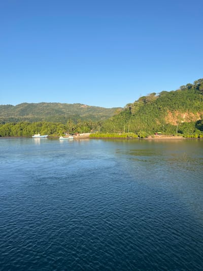 A serene, wide-angle shot captures the tranquil waters of Batas Desa Skotong Timur, Indonesia, under a clear, expansive blue sky. The foreground is dominated by deep blue water with gentle ripples. In the midground, a verdant coastline unfolds, characterized by lush green trees and foliage. Two light-colored boats are moored near the shore. Beyond the immediate coastline, rolling hills covered in dense vegetation rise into the distance, with the peak of a larger mountain visible behind them. The scene is bathed in the warm light of what appears to be early morning or late afternoon, casting a soft glow on the landscape.
