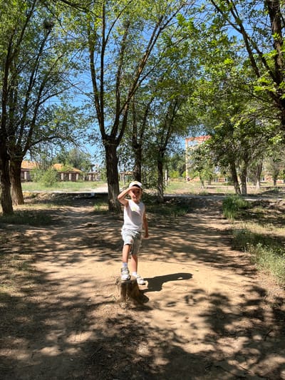 A young boy stands on a tree stump in a park in Ikryanoye, Russia. He is wearing a white tank top, grey shorts, and a white baseball cap, and is shielding his eyes from the sun with his hand. The park is characterized by numerous trees with green foliage, casting dappled shadows on the dirt path. In the background, there are buildings and a fence, suggesting the park is situated in a populated area. The sky is clear and blue.