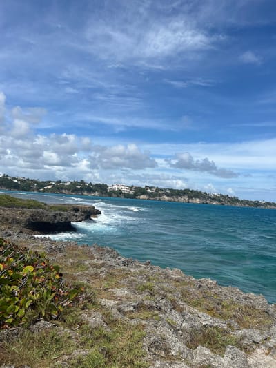 The image captures a coastal view in Le Gosier, France. The foreground features a rocky cliff covered with sparse vegetation. The ocean is visible beyond the cliff edge, with waves crashing against the rocks. In the distance, there is a coastline with buildings, suggesting a residential or resort area. The sky is predominantly blue with scattered clouds. The image is taken during the day, with good lighting.