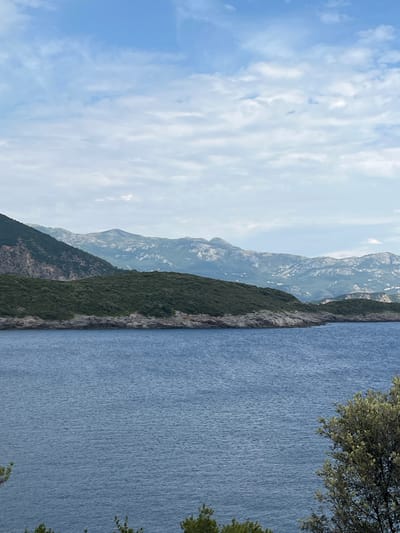 The image depicts a serene, natural landscape with a focus on a vast body of water adjacent to a rugged, mountainous shoreline. The water, which appears to be a lake or a calm sea, occupies the right side of the frame and has a deep blue hue with subtle ripples indicating gentle movement. The shoreline is characterized by steep, rocky slopes covered in dense, dark green vegetation.
Beyond the immediate shoreline, the landscape rises into imposing mountains. These mountains are layered, with the closer ones displaying a rich green mantle, and those further in the distance appearing as grey, rocky formations with lighter patches that could be snow or bare rock. The texture of the mountains suggests ruggedness and grandeur.
The sky dominates the upper left portion of the image, filled with a mosaic of soft, white clouds against a pale blue backdrop. The clouds are wispy and diffused, suggesting a partly cloudy day. The lighting indicates it is likely daytime, possibly mid-morning or afternoon, with the sun likely overhead or slightly to the side, casting a soft, even light over the scene.
The overall atmosphere of the image is tranquil and picturesque. The combination of the expansive water, the imposing mountains, and the gentle sky evokes a sense of peace and natural beauty. There are no people or man-made objects prominently visible, reinforcing the pristine and untouched nature of the environment. The presence of trees with green foliage in the upper right corner hints at vegetation near the vantage point of the camera, possibly from a higher elevation or a nearby forested area. The scene captures the essence of a peaceful moment in a majestic natural setting.