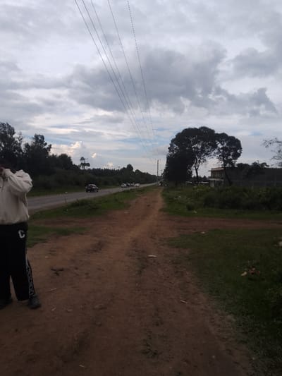 The image depicts an outdoor scene in Njoro ward, Kenya, under an overcast sky with significant cloud cover. In the left foreground, the left side of a person is visible from the upper thigh to just above the head. This individual wears a light-colored long-sleeved shirt, dark pants with a white 'C' logo on the left thigh, and a white patterned stripe down the outer leg. Their left hand is raised towards their head/ear area. The ground beneath them is reddish-brown dirt, characteristic of an unpaved surface.
Extending from the mid-ground towards the background is a paved road, likely two lanes, with multiple vehicles present. A dark-colored sedan is visible in the left lane, while a cluster of lighter-colored vehicles is further down the road. Parallel to the paved road, on the right, is a prominent reddish-brown dirt path.
Dense green vegetation, including shrubs and trees, lines both sides of the paved road and the dirt path. In the mid-ground right, a large tree with a dense, dark canopy stands prominently, behind which a light-colored multi-story building and a dark fence are partially visible. Overhead power lines span across the upper portion of the frame, supported by utility poles visible in the mid-ground and background. The distant background consists of more trees and hills blending with the hazy sky.