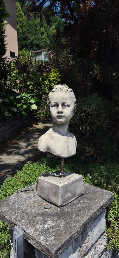 This media file features a bust of a young person, likely made of concrete or a similar material, positioned outdoors in a garden setting. The bust is light-colored with details visible in its face, including eyes, nose, and mouth, and short hair. It is mounted on a metal rod that extends into a rough, grey concrete block, which is chained to a larger, angular stone structure. The background is filled with lush green foliage, including pine branches and other leafy plants, suggesting a natural, possibly well-maintained garden or park. The lighting indicates it is daytime, with sunlight casting shadows. The overall impression is one of outdoor decoration or a memorial. The presence of the bust, chain, and stone elements suggests a possibly somber or artistic display, though the vibrant greenery provides a contrast. There is no visible text in the image. The scene appears to be located in Sargans, Switzerland.