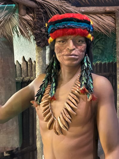 This media file depicts a museum exhibit in Salzburg, Austria, showcasing a wax figure of an indigenous person wearing traditional attire. The figure is adorned with a vibrant headdress featuring red, yellow, blue, and black feathers. A striking necklace is made of numerous light brown, pointed objects, likely teeth or shells, strung together. Another decorative element, a band of metallic green leaf-like objects with red feather accents, is worn around the neck. The figure has intricate face paint in a geometric pattern. The setting appears to be a simulated natural environment, with dried palm fronds and a painted backdrop suggesting a jungle or forest. The lighting is even and appears to be artificial, typical of indoor exhibits. The figure is positioned to face the viewer, with a neutral expression. The overall scene is designed to represent a historical or cultural display. No text is visible in the image.