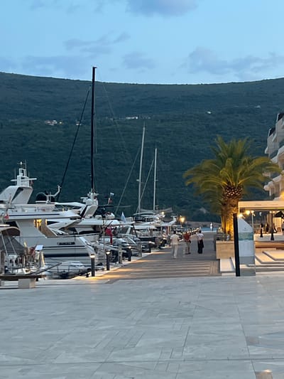 The image depicts a marina scene at dusk in Kumbor, Montenegro. A line of docked yachts and sailboats stretches along the waterfront, their white hulls reflecting the soft twilight. The masts of the sailboats stand tall against a backdrop of a lush, green, tree-covered mountain that dominates the left side of the frame. The sky is a pale blue with scattered clouds, indicating the transition from day to night.
Along the paved promenade next to the marina, several people are visible. Some are walking, while others appear to be standing and conversing. A prominent palm tree with fronds spread wide stands near the promenade, its silhouette softened by the fading light. The promenade itself is made of light-colored stone tiles, some of which are illuminated by warm light from street lamps. The overall atmosphere is peaceful and serene, suggesting a leisurely evening.
The time of day is clearly dusk, evidenced by the dim natural light and the artificial lighting from the lamps beginning to glow. The location is hinted at by the lush mountainous terrain and the presence of a marina, characteristic of coastal resort towns. No specific event is clearly taking place, but the scene suggests a typical evening in a popular waterfront area. No legible text is visible in the image.
