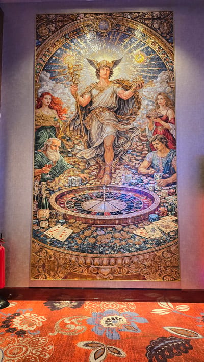 The image depicts a large, intricately designed mosaic artwork prominently displayed on a wall. The mosaic features a central figure of a winged deity, possibly Mercury or Apollo, adorned with golden armor and holding a caduceus. Surrounding the deity are several other figures, including women with flowing red and blonde hair and an older bearded man. At the base of the artwork is a detailed depiction of a roulette wheel, surrounded by stacks of gold coins, playing cards, and gambling chips. The overall scene evokes themes of fortune, wealth, and chance. The mosaic is framed by ornate golden borders and is set against a textured grey wall. Below the mosaic, a brightly colored floral patterned carpet is visible, with a dark wooden baseboard separating the wall from the floor. The lighting suggests an indoor setting, likely a casino or a themed establishment. There are no discernible landmarks or architectural features that would specifically place this image in Agios Epiktitos, Northern Cyprus / Cyprus.