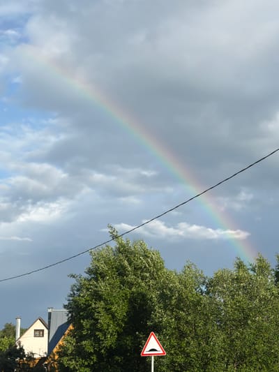 The image depicts a rural scene in Satino-Russkoe, Russia, featuring a vibrant rainbow arching across a cloudy sky. In the foreground, lush green trees dominate the lower portion of the frame. A portion of a house with a pitched roof and a small window is visible on the left, peeking through the foliage. To the right of the house, a prominent traffic sign indicating a speed bump is mounted on a pole. A thin black wire stretches diagonally across the upper portion of the image, intersecting the rainbow and the trees. The sky is a mix of blue and grey clouds, with patches of sunlight breaking through, illuminating the rainbow. The overall impression is one of a post-rainy, atmospheric landscape.